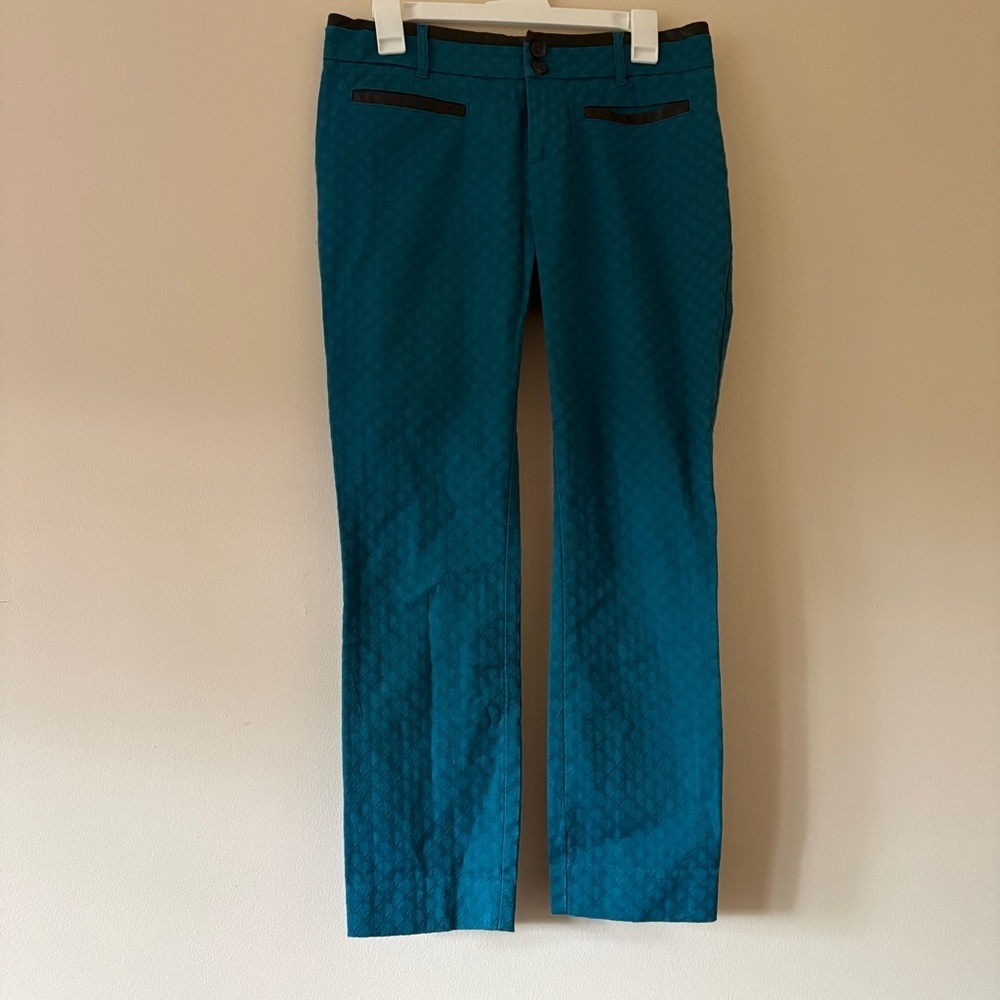 Anthropologie Cartonnier Charlie Ankle Pant Teal Textured Slim Fit Womens Size 6